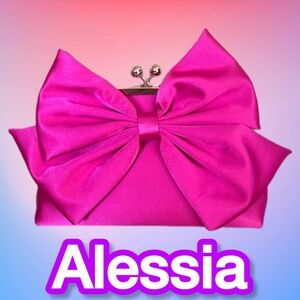 NWT ALESSIA HOT PINK SATIN BOW KISS LOCK PURSE CLUTCH WITH GOLD CHAIN